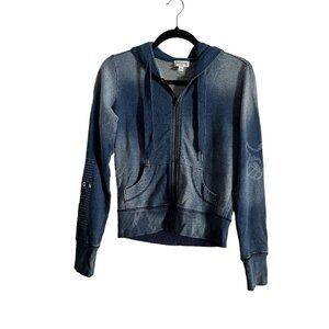 True Religion Women Sz S Blue Denim Graphic Arm/Back Zip Up Hooded Sweatshirt
